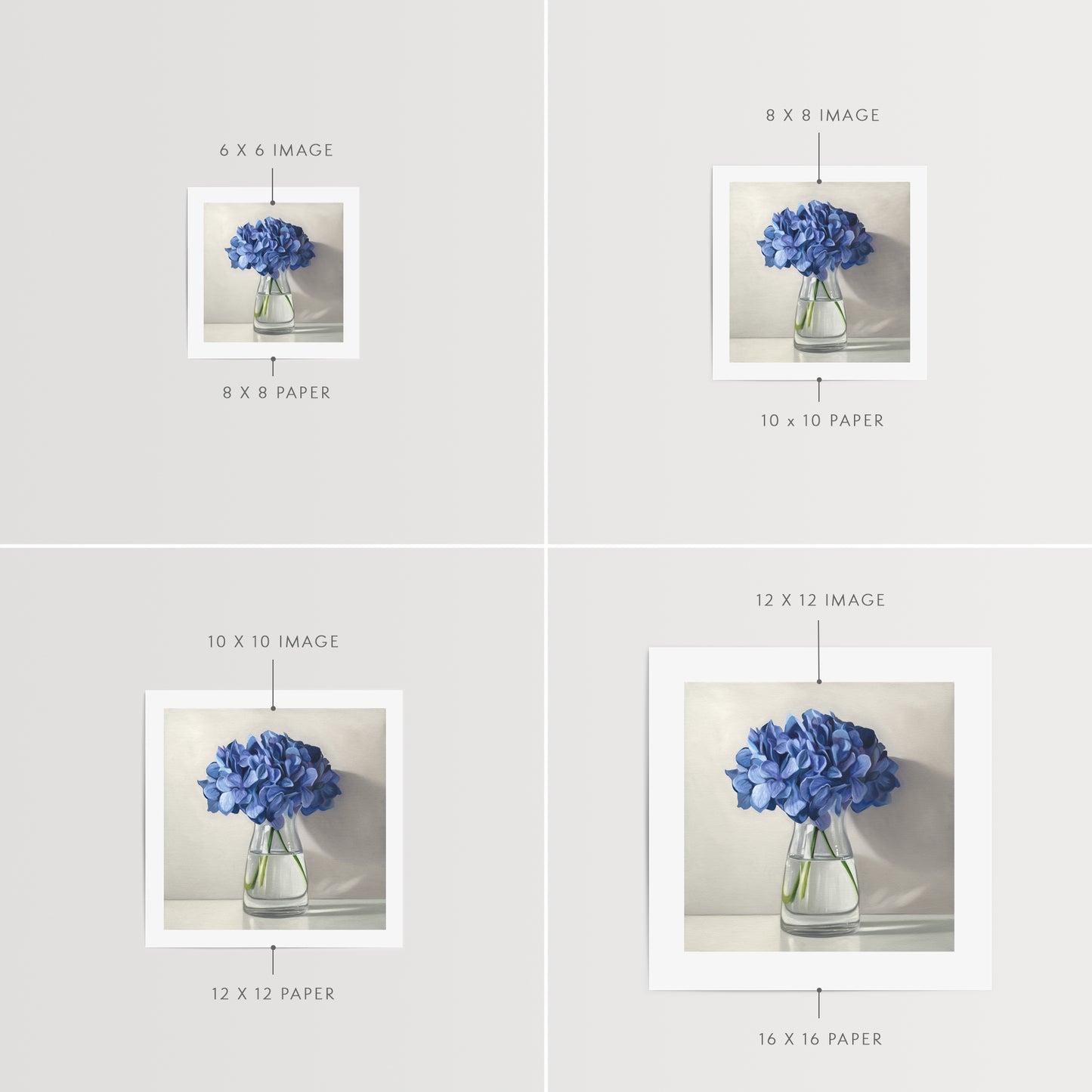This artwork features a bouquet of blue hydrangeas in a glass vase with a light grey neutral background dramatic side-lighting.