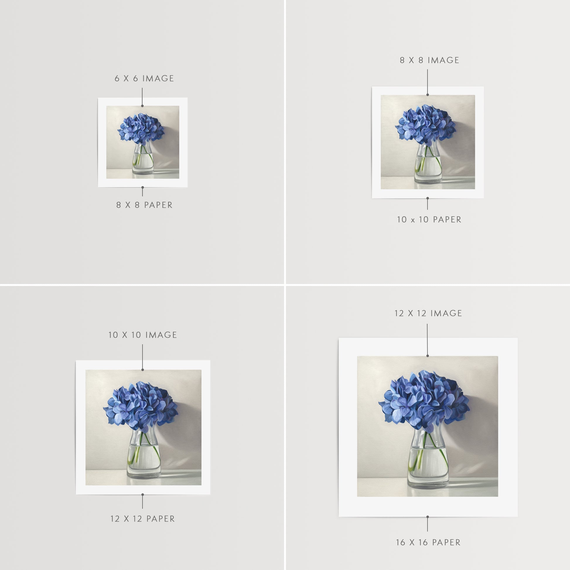 This artwork features a bouquet of blue hydrangeas in a glass vase with a light grey neutral background dramatic side-lighting.