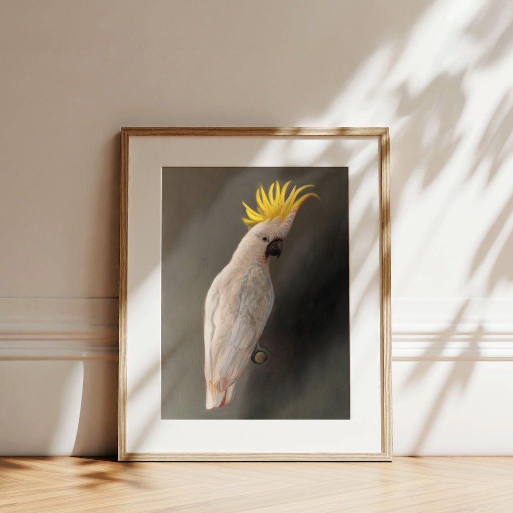 This artwork features a yellow crested cockatoo perched adjacent to a dark grey wall with dramatic side lighting.