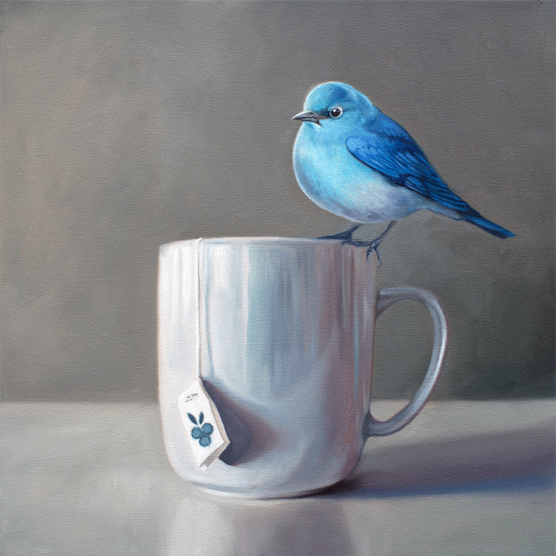 The perfect combination to roll in the Spring season featuring a Mountain Bluebird perched on a cup of Blueberry Tea.