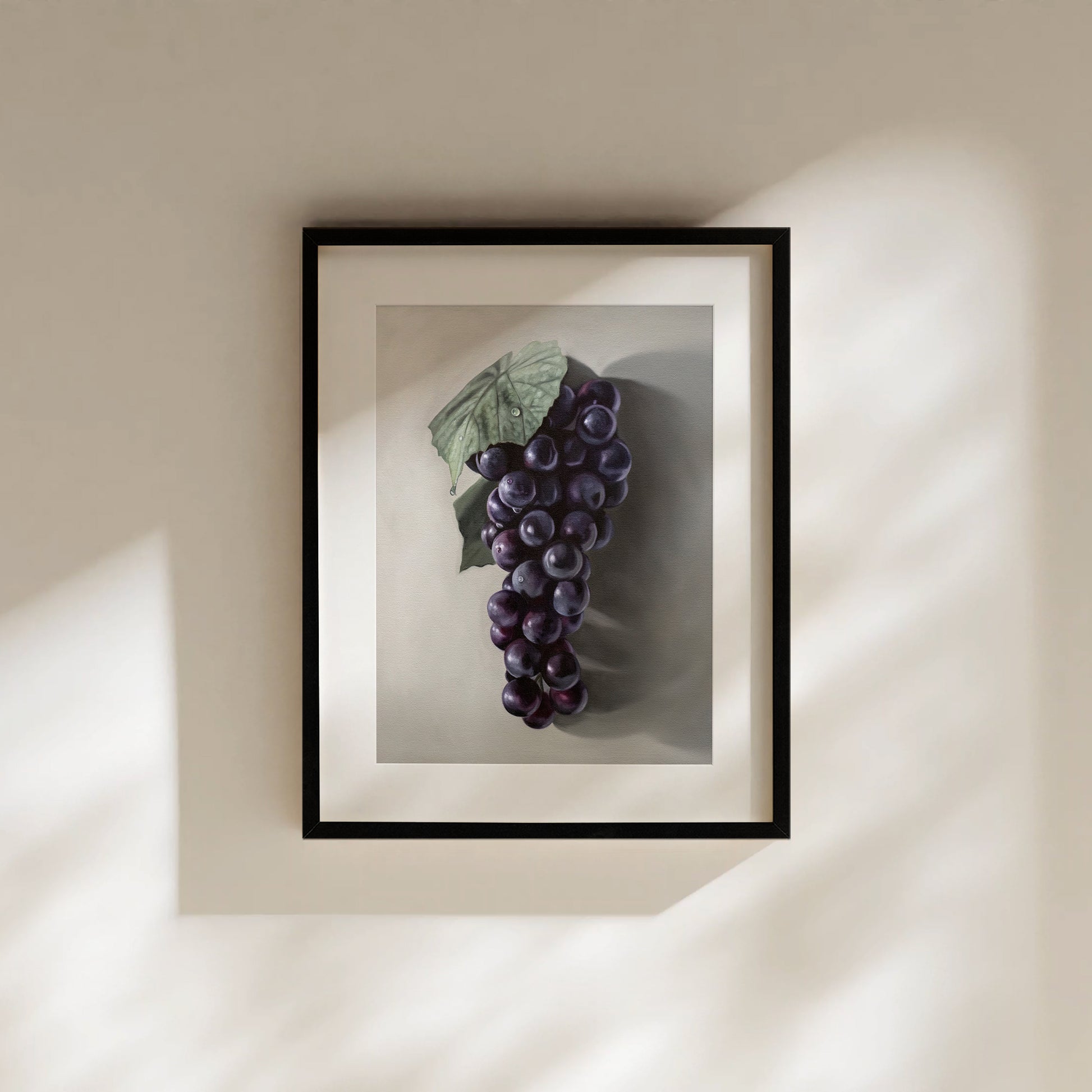This artwork features a fresh bunch of Concord grapes resting on a light grey surface with some nice dramatic lighting.