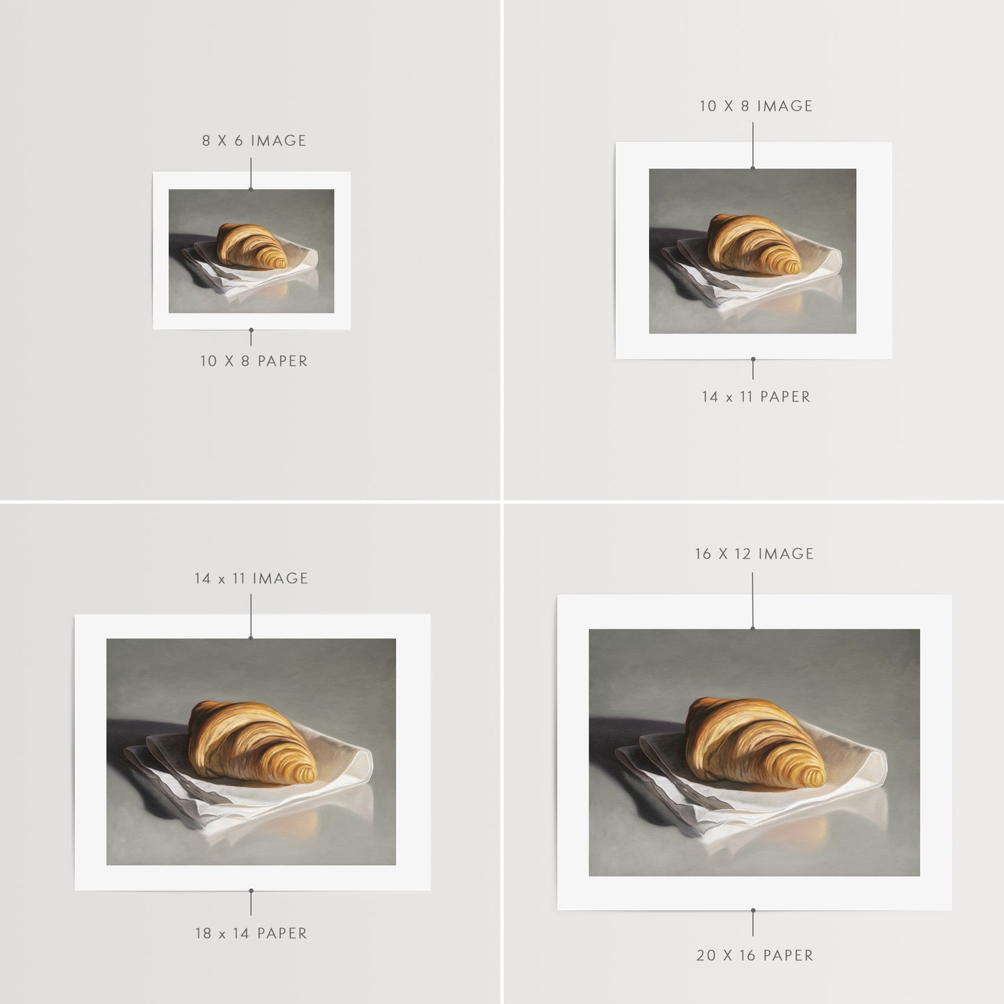 This artwork features a single freshly baked croissant resting on a napkin on a reflective surface.