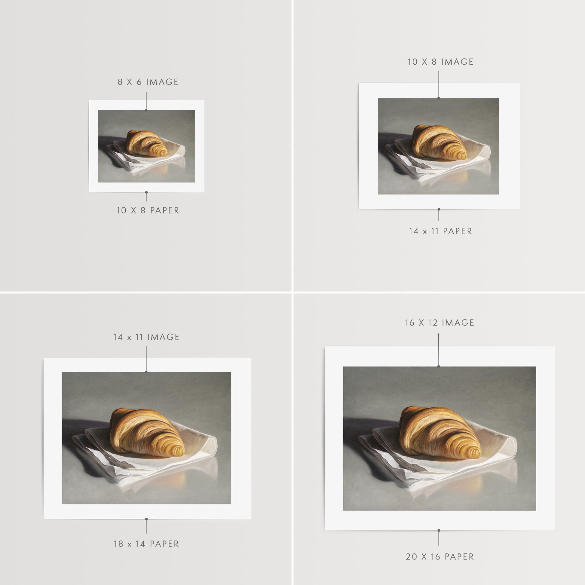This artwork features a single freshly baked croissant resting on a napkin on a reflective surface.