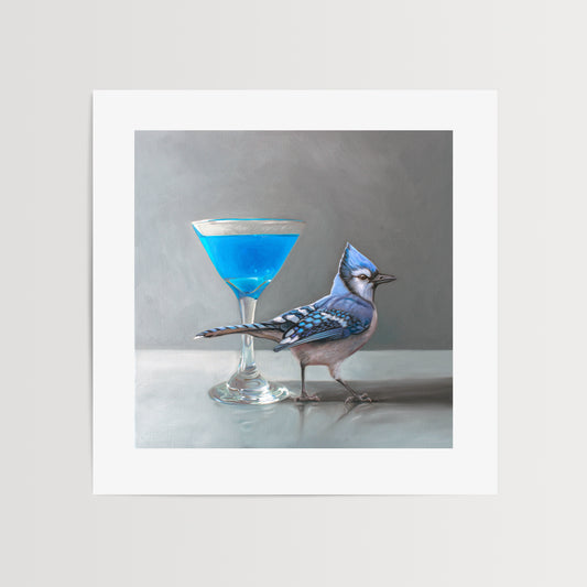 This artwork features a blue martini paired with a Blue Jay.This artwork is from a series of paintings that I am working on featuring birds and beverages.