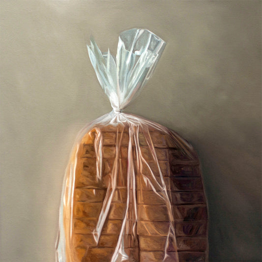 This artwork features a fresh loaf of bread in clear plastic wrap on a light grey background.