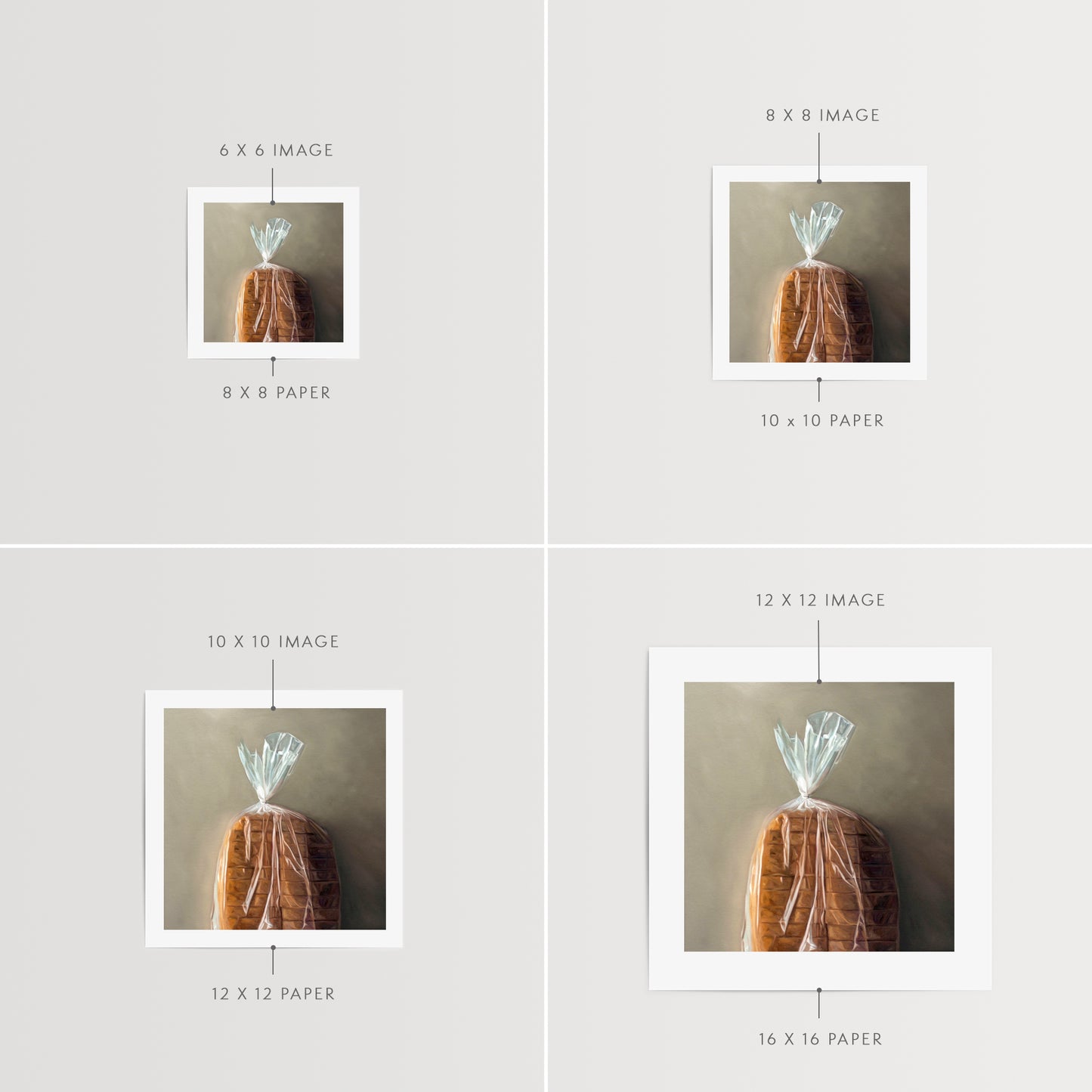 This artwork features a fresh loaf of bread in clear plastic wrap on a light grey background.