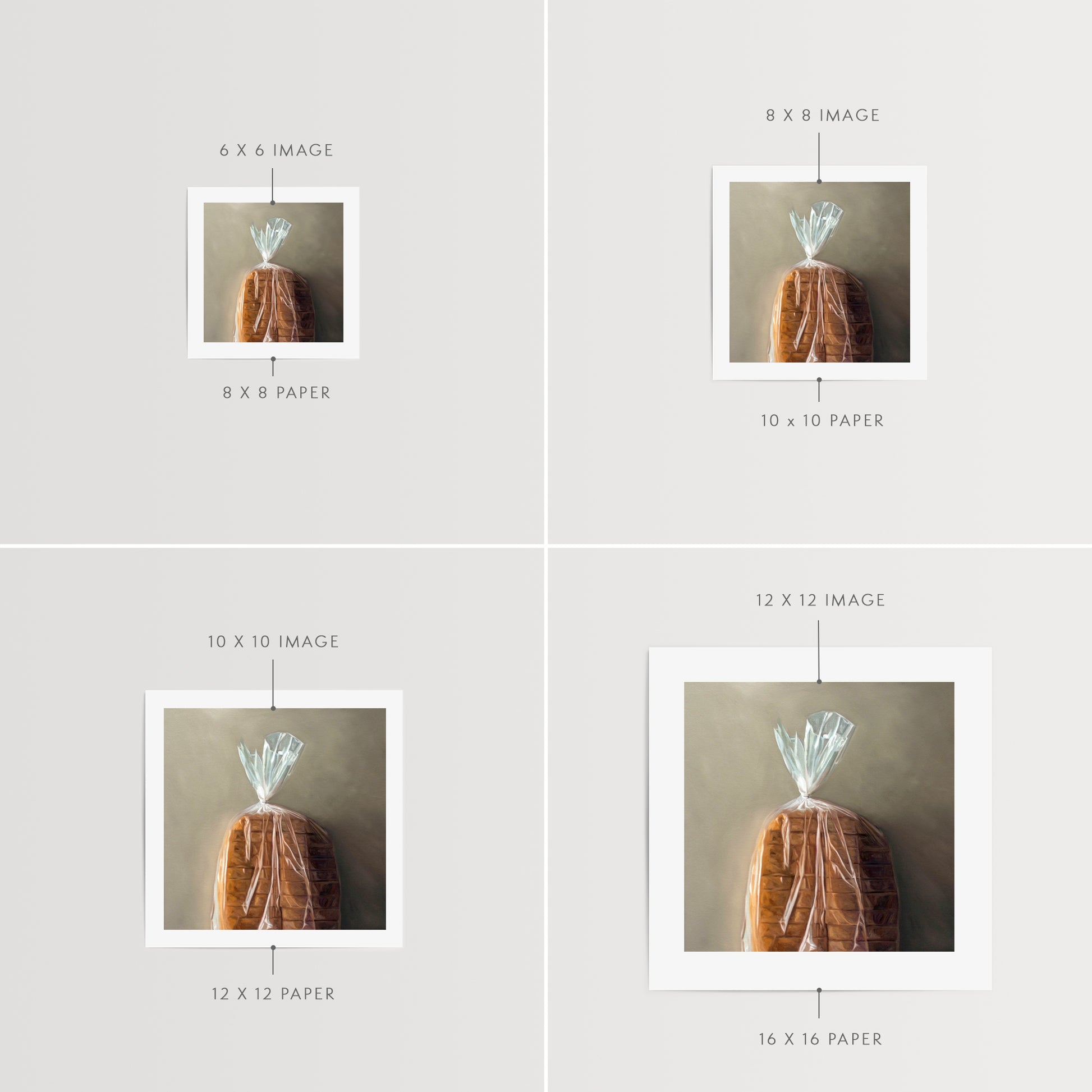 This artwork features a fresh loaf of bread in clear plastic wrap on a light grey background.