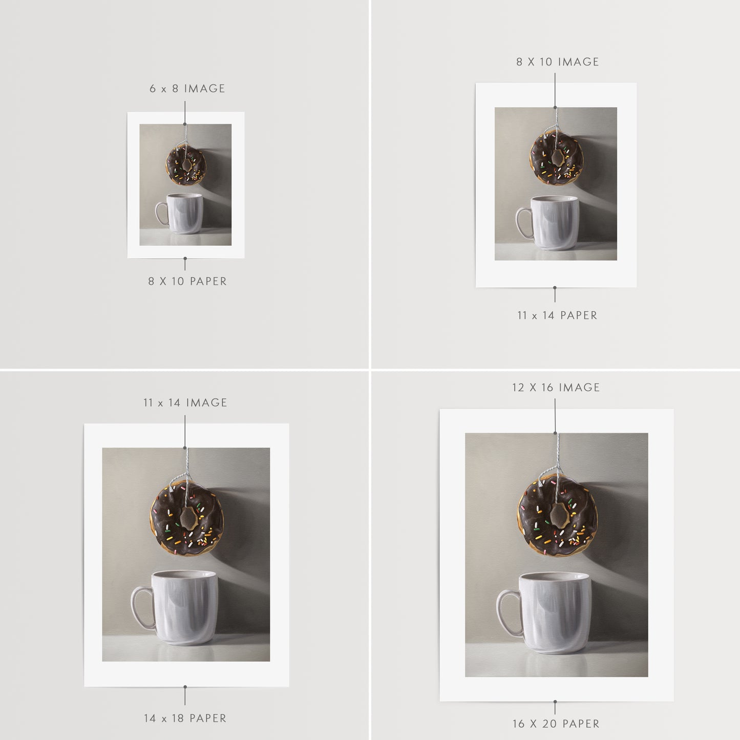 This artwork features a chocolate sprinkled doughnut suspended by a string over a white porcelain cup.