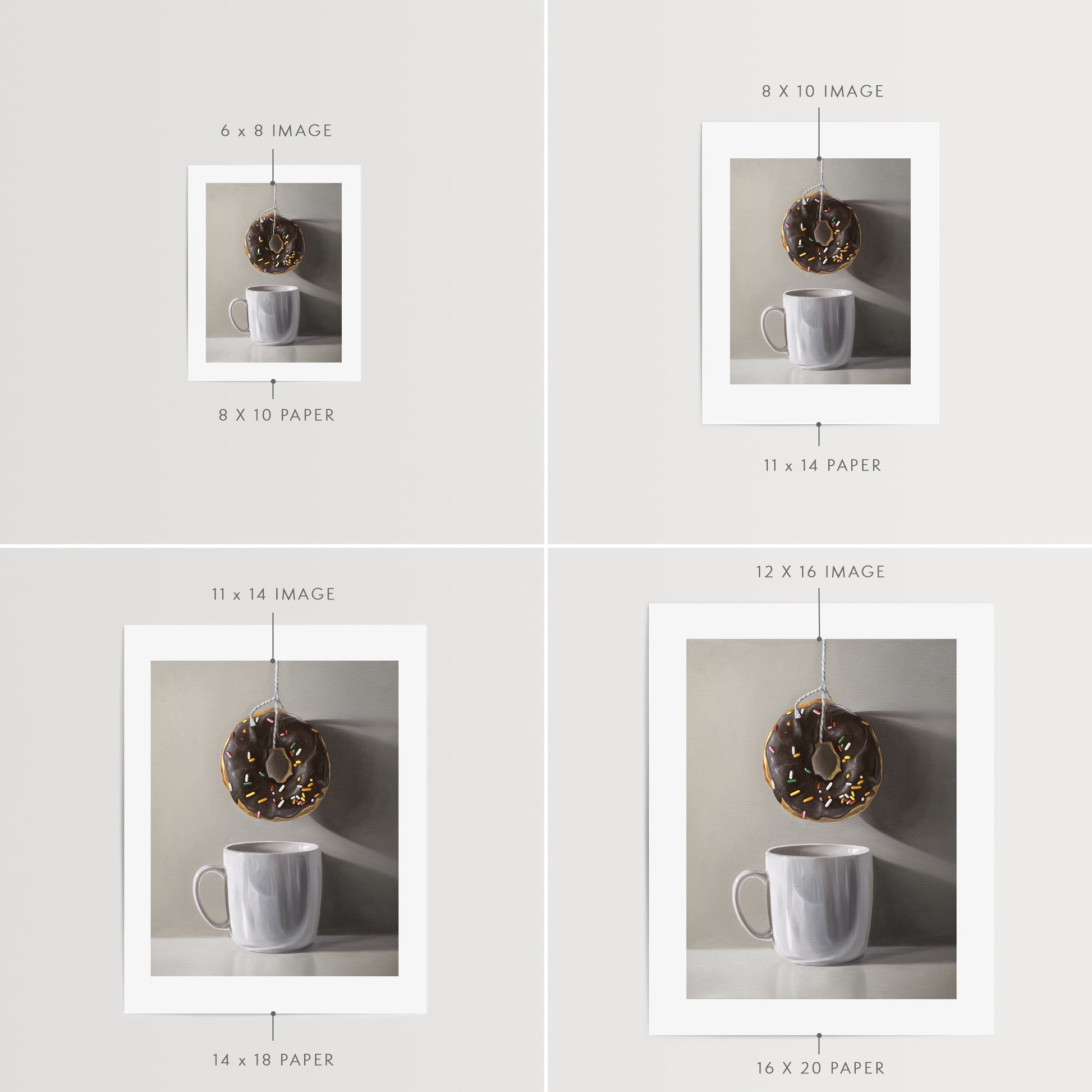 This artwork features a chocolate sprinkled doughnut suspended by a string over a white porcelain cup.