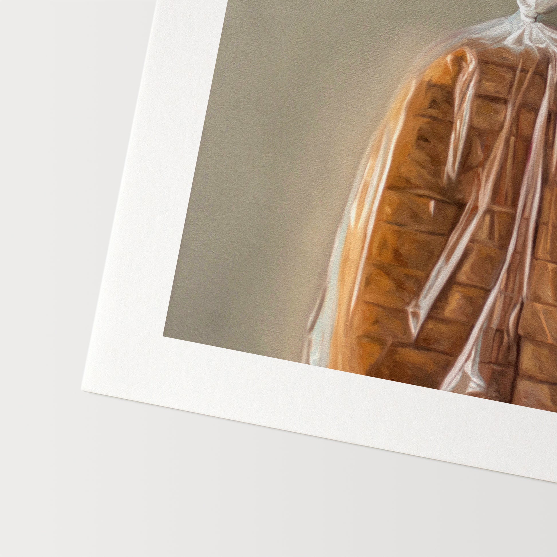 This artwork features a fresh loaf of bread in clear plastic wrap on a light grey background.