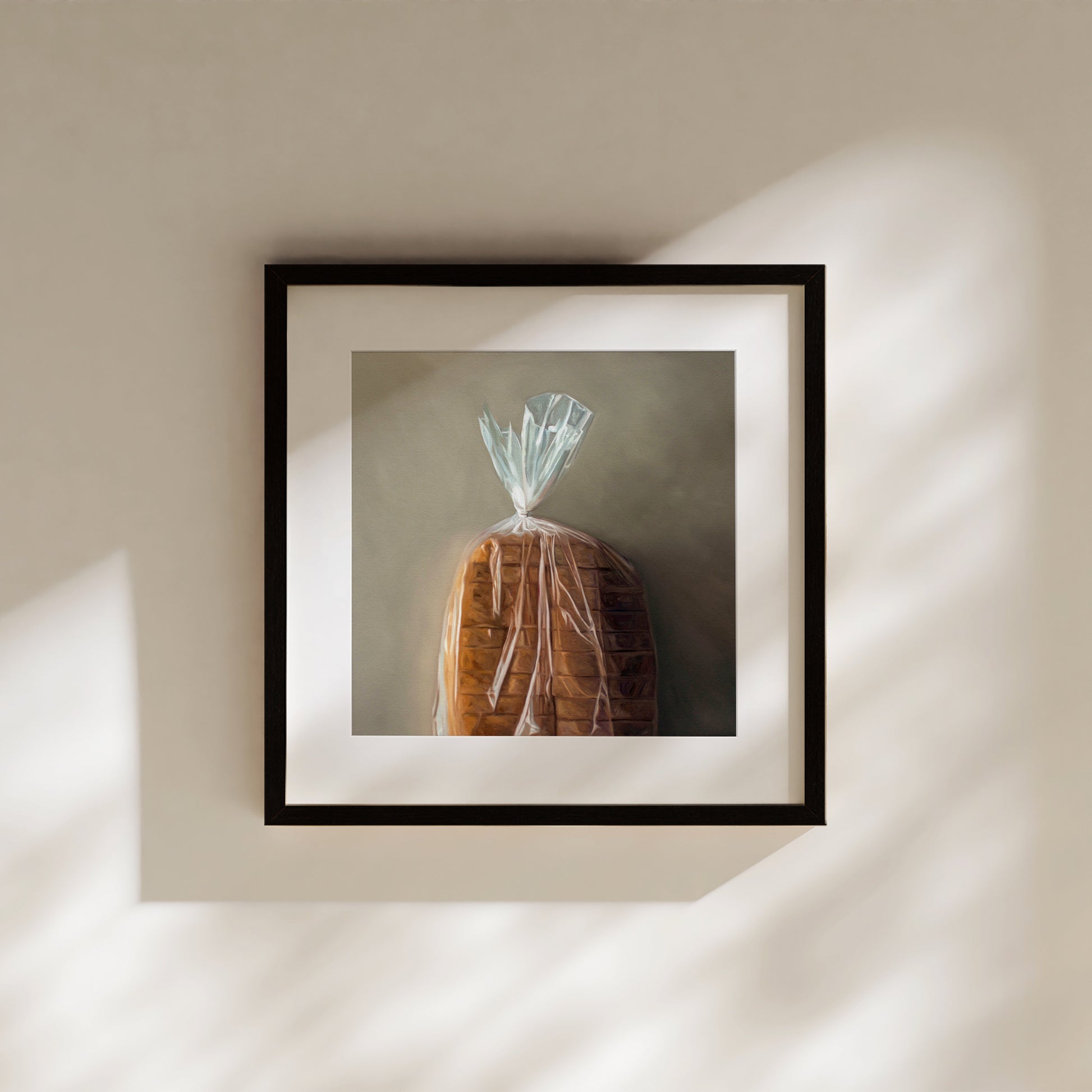 This artwork features a fresh loaf of bread in clear plastic wrap on a light grey background.