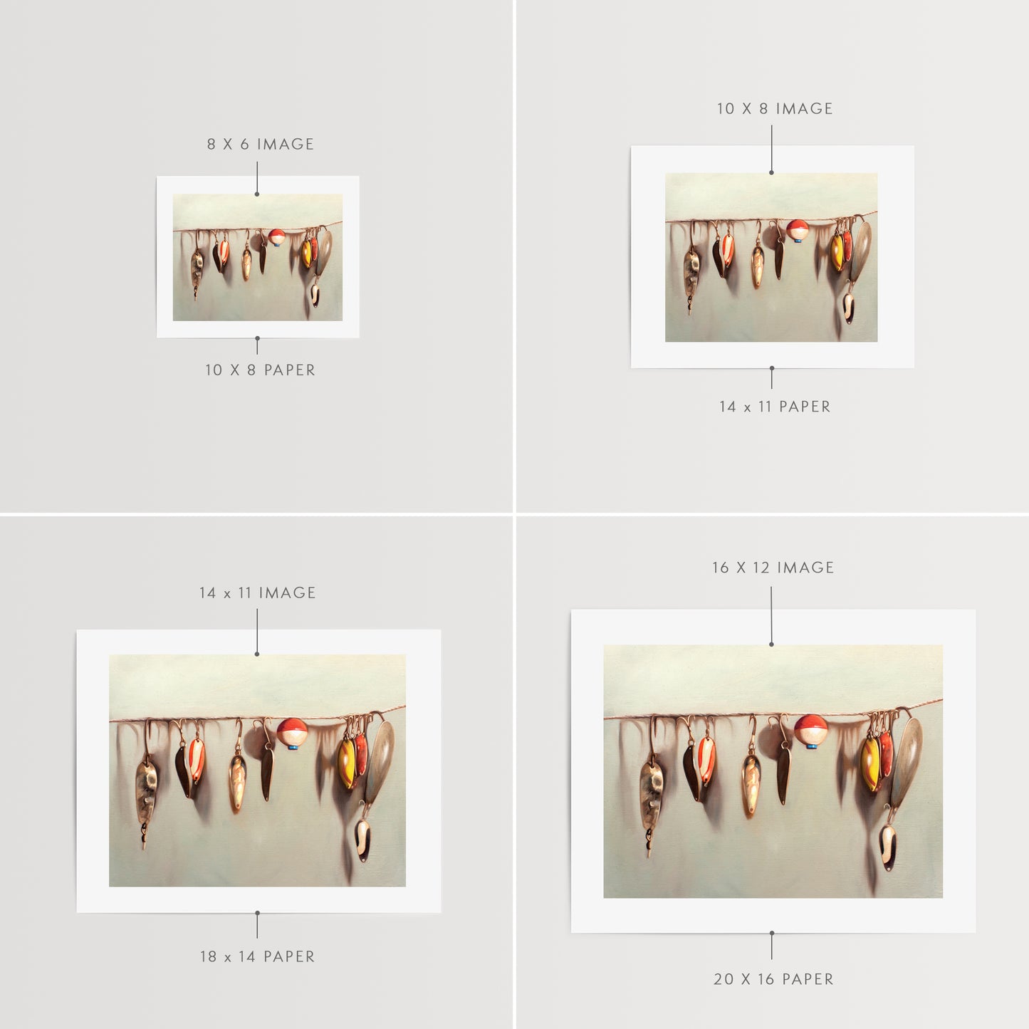 This artwork features a string fashioned with a variety of vintage fishing lures.