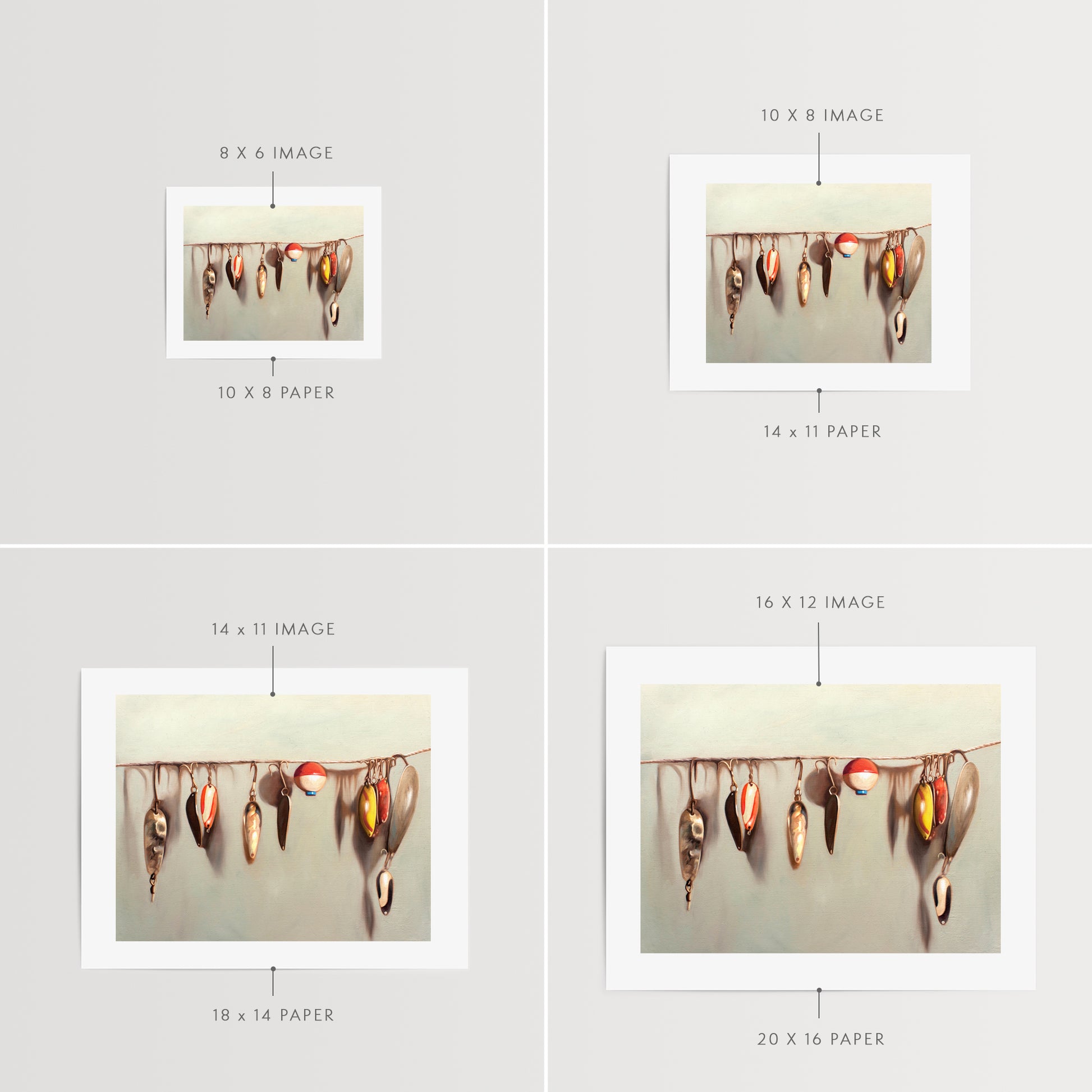 This artwork features a string fashioned with a variety of vintage fishing lures.