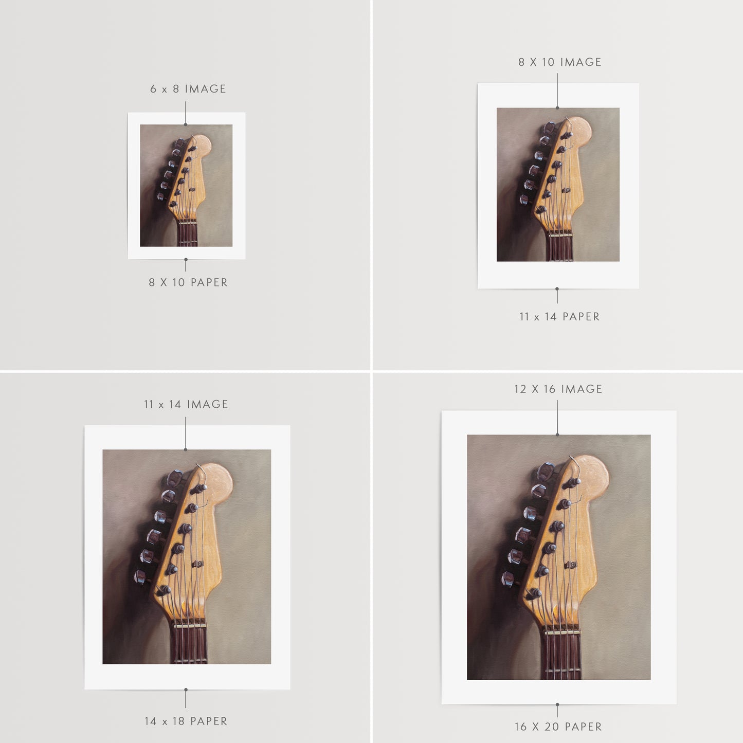 This artwork features an electric guitar head stock leaning on a warm grey surface with some nice dramatic lighting.