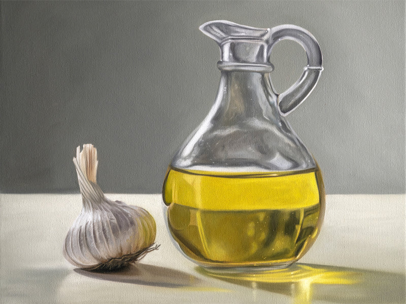This artwork features a garlic bulb resting next to a backlit olive oil curet resting on a light surface with a neutral grey background.