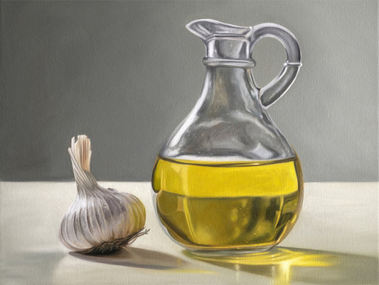 This artwork features a garlic bulb resting next to a backlit olive oil curet resting on a light surface with a neutral grey background.