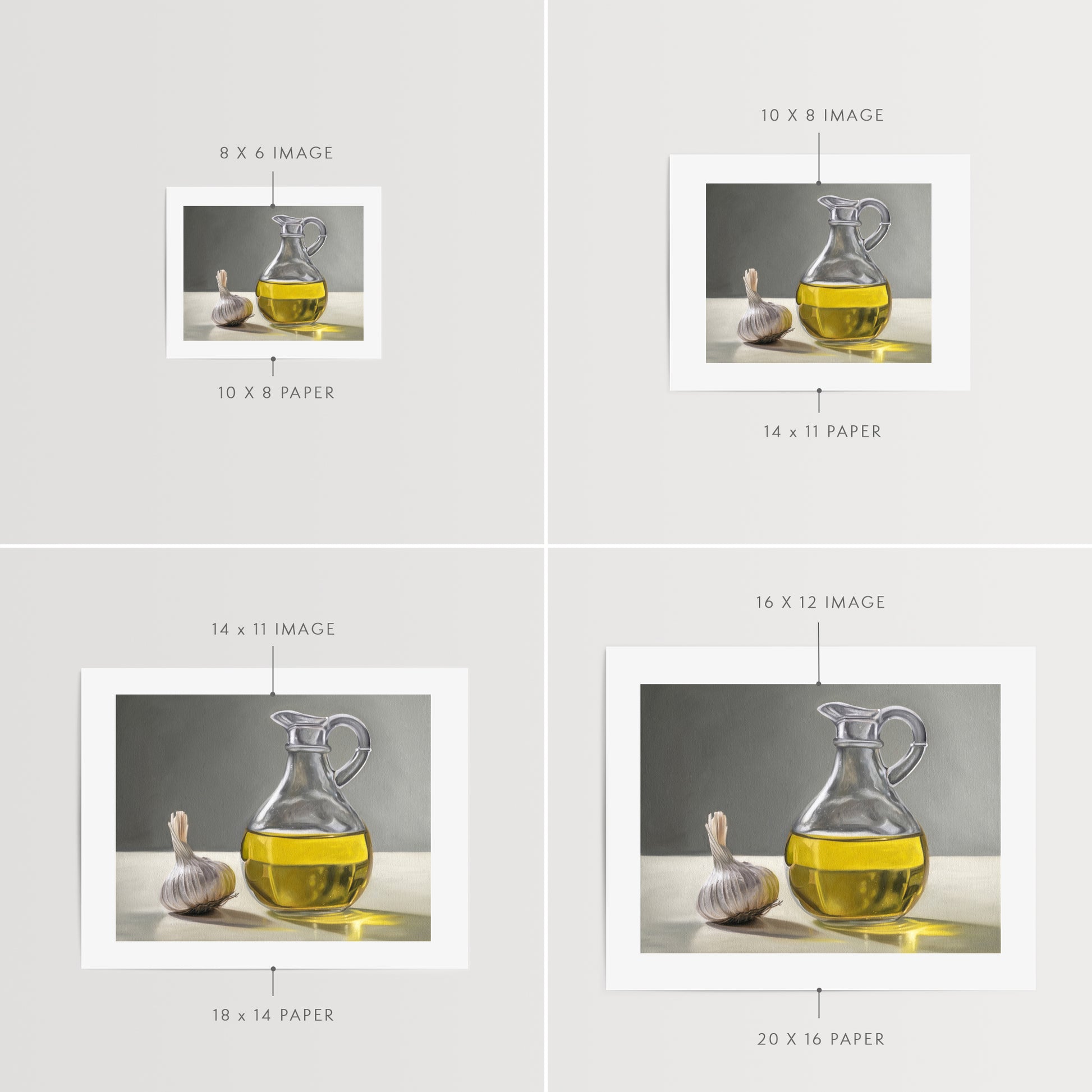 This artwork features a garlic bulb resting next to a backlit olive oil curet resting on a light surface with a neutral grey background.
