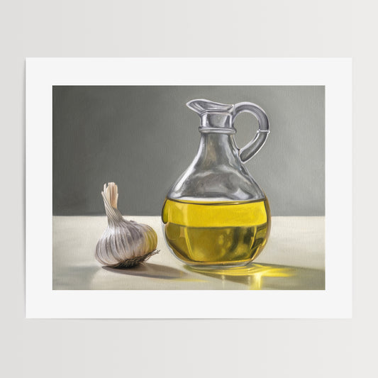 This artwork features a garlic bulb resting next to a backlit olive oil curet resting on a light surface with a neutral grey background.