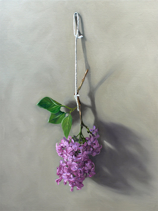 This artwork features Lilac blossoms hanging adjacent to a wall.