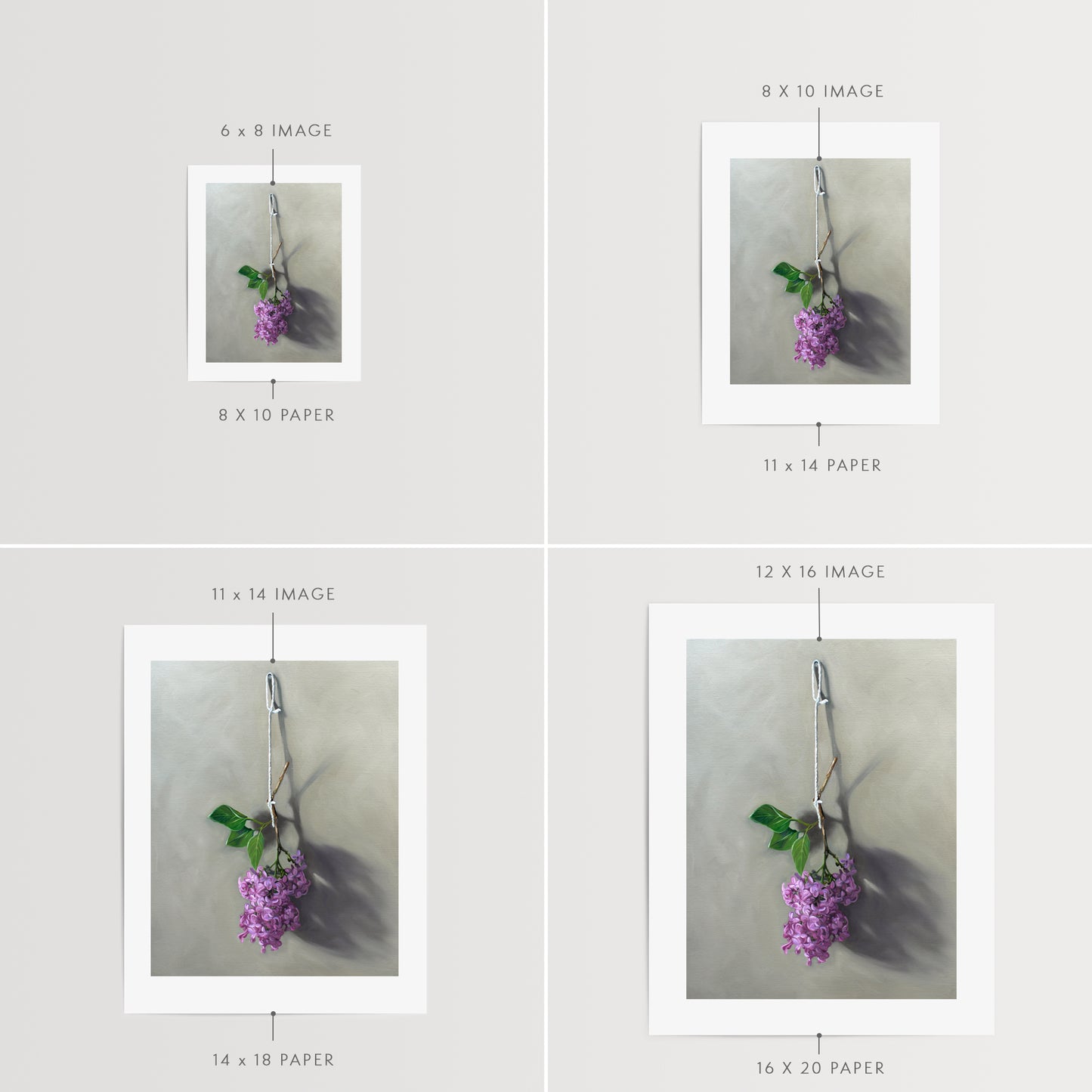 This artwork features Lilac blossoms hanging adjacent to a wall.