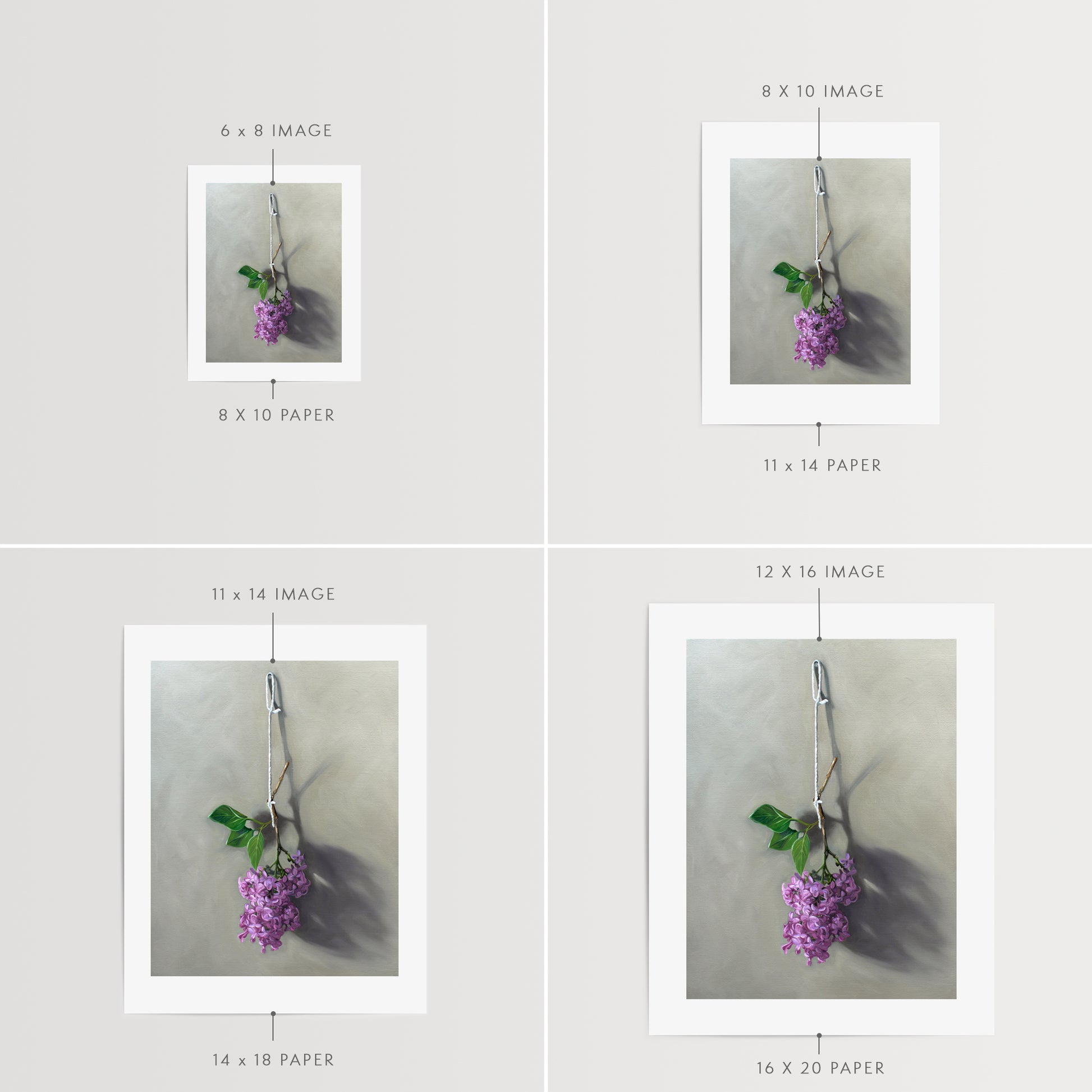 This artwork features Lilac blossoms hanging adjacent to a wall.