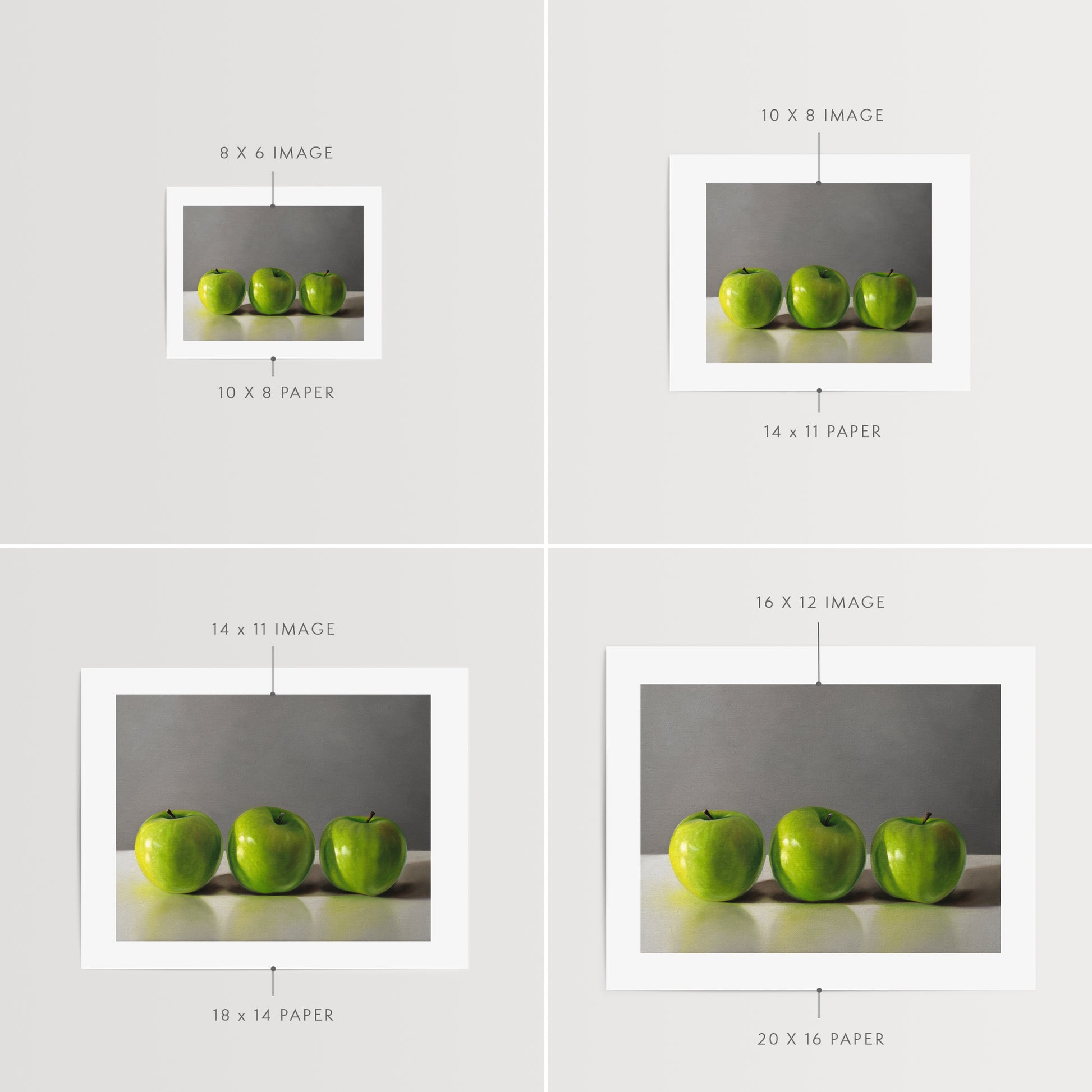 This artwork features a trio of bright green granny smith apples resting on a light, reflective surface with a neutral grey background.