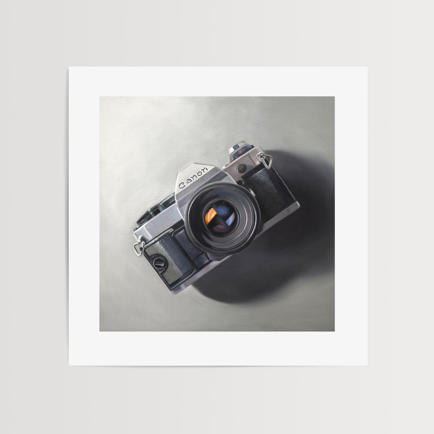 This oil painting features a vintage Canon AE-1 camera resting on a neutral surface with dramatic side lighting.