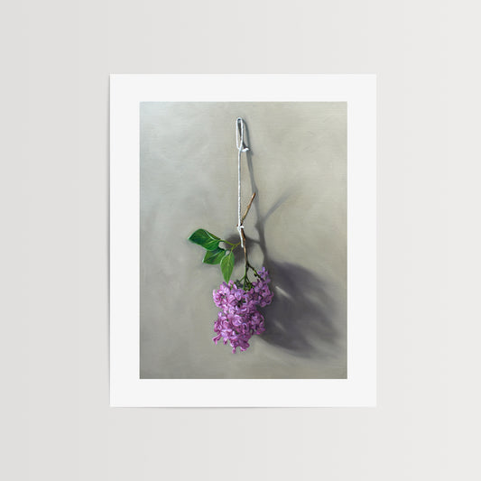 This artwork features Lilac blossoms hanging adjacent to a wall.