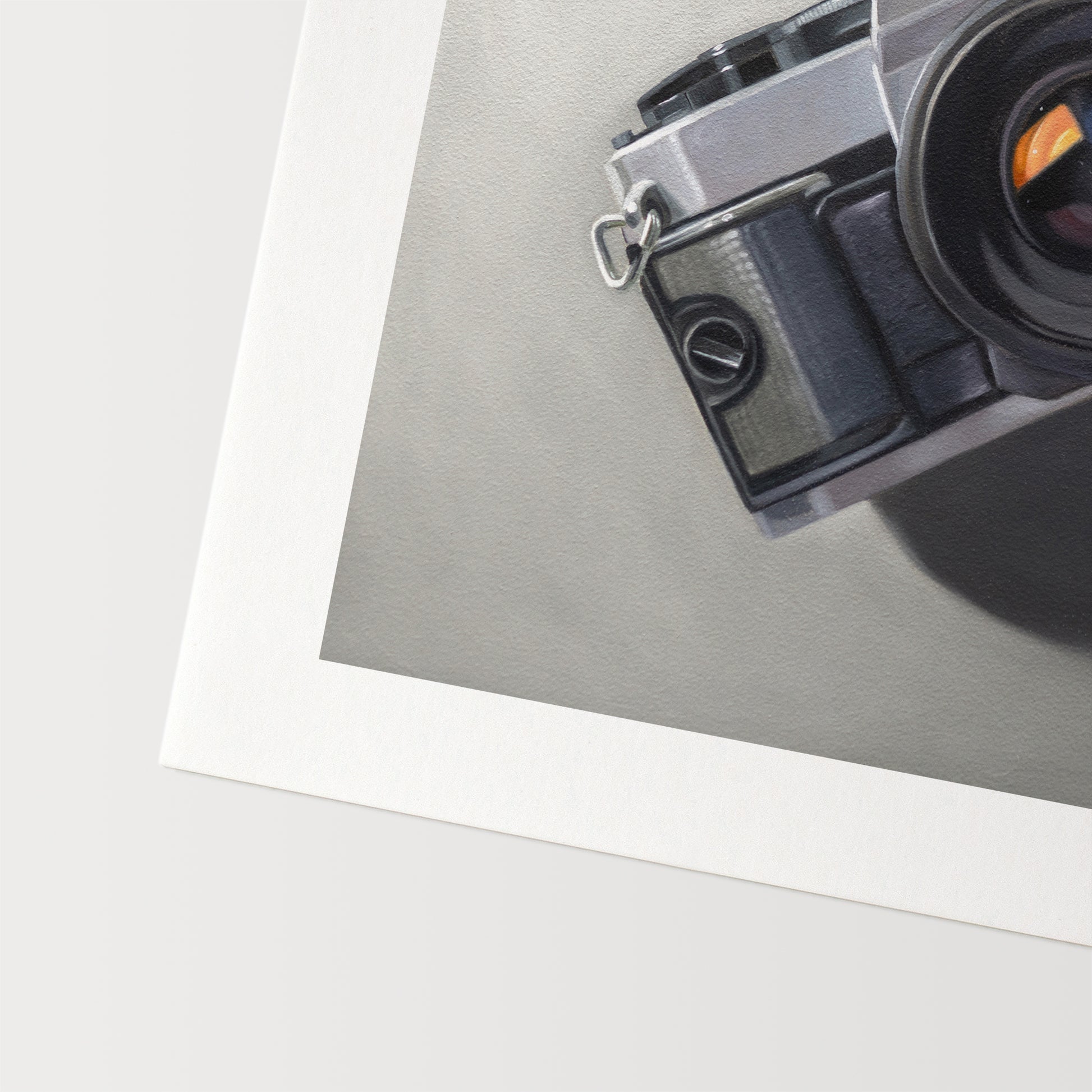 This oil painting features a vintage Canon AE-1 camera resting on a neutral surface with dramatic side lighting.