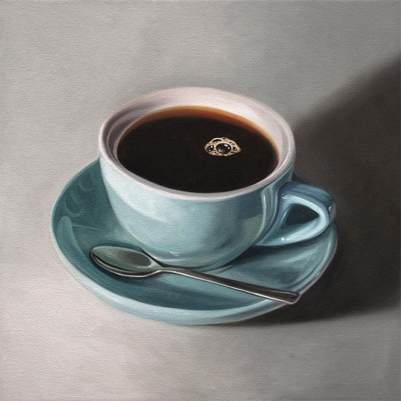 This artwork features a light blue cup of coffee resting on a saucer with a spoon..