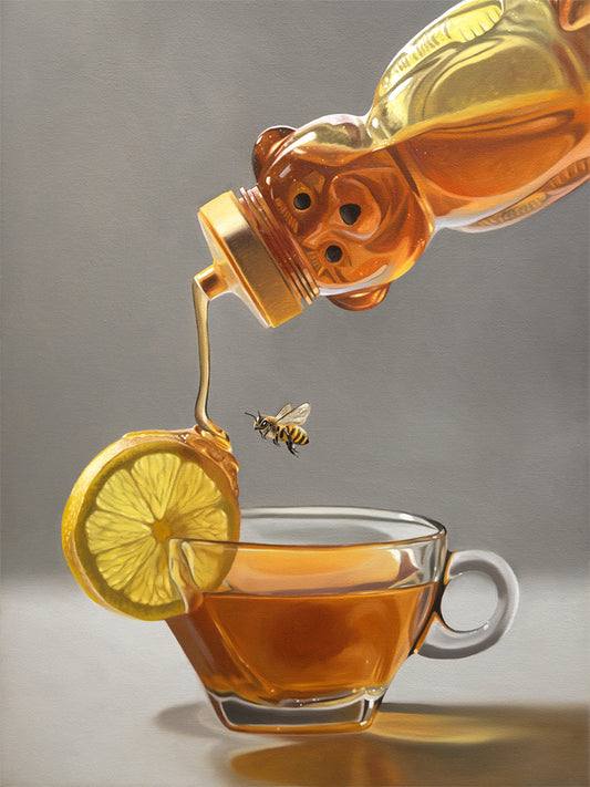 This artwork features a honey bee observing a backlit tipped honey bear bottle drizzling golden honey down onto a lemon slice that rests on the lip of a glass cup of tea.