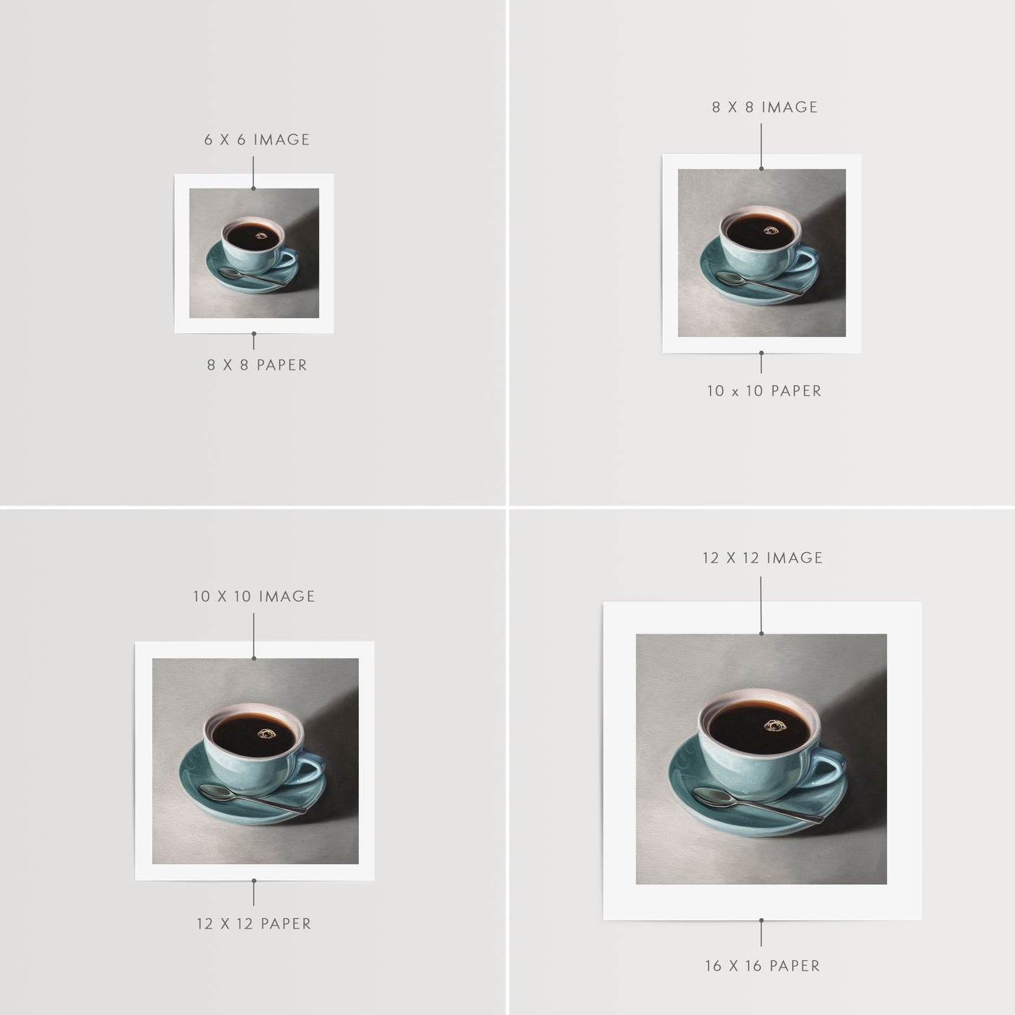 This artwork features a light blue cup of coffee resting on a saucer with a spoon..