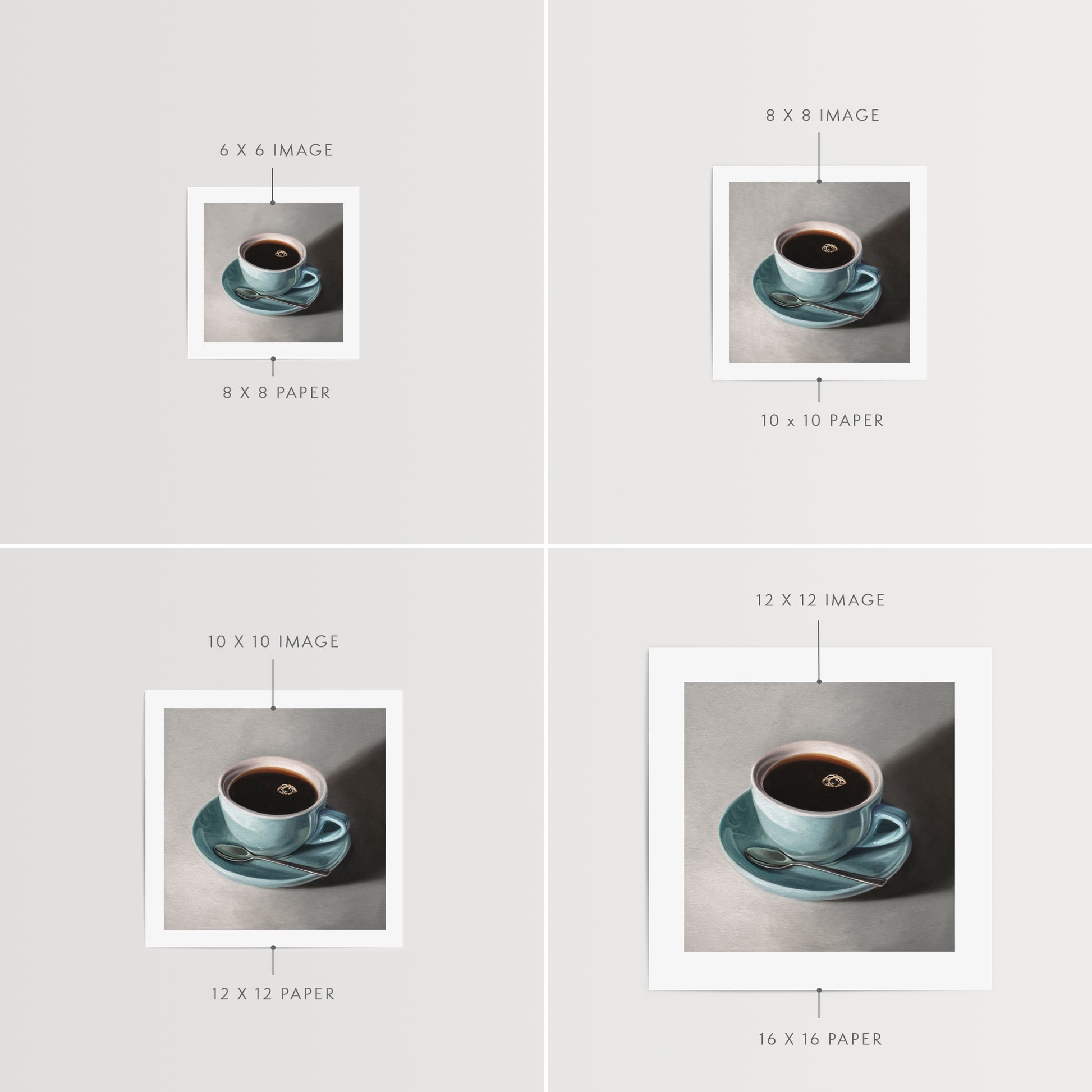 This artwork features a light blue cup of coffee resting on a saucer with a spoon..