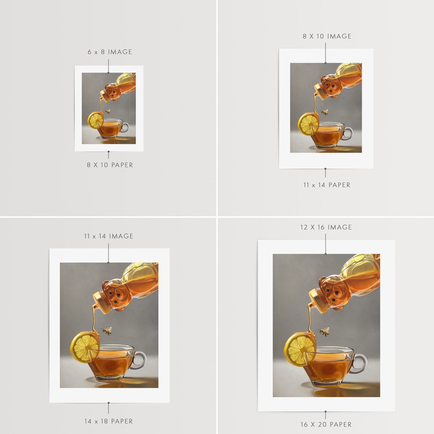 This artwork features a honey bee observing a backlit tipped honey bear bottle drizzling golden honey down onto a lemon slice that rests on the lip of a glass cup of tea.