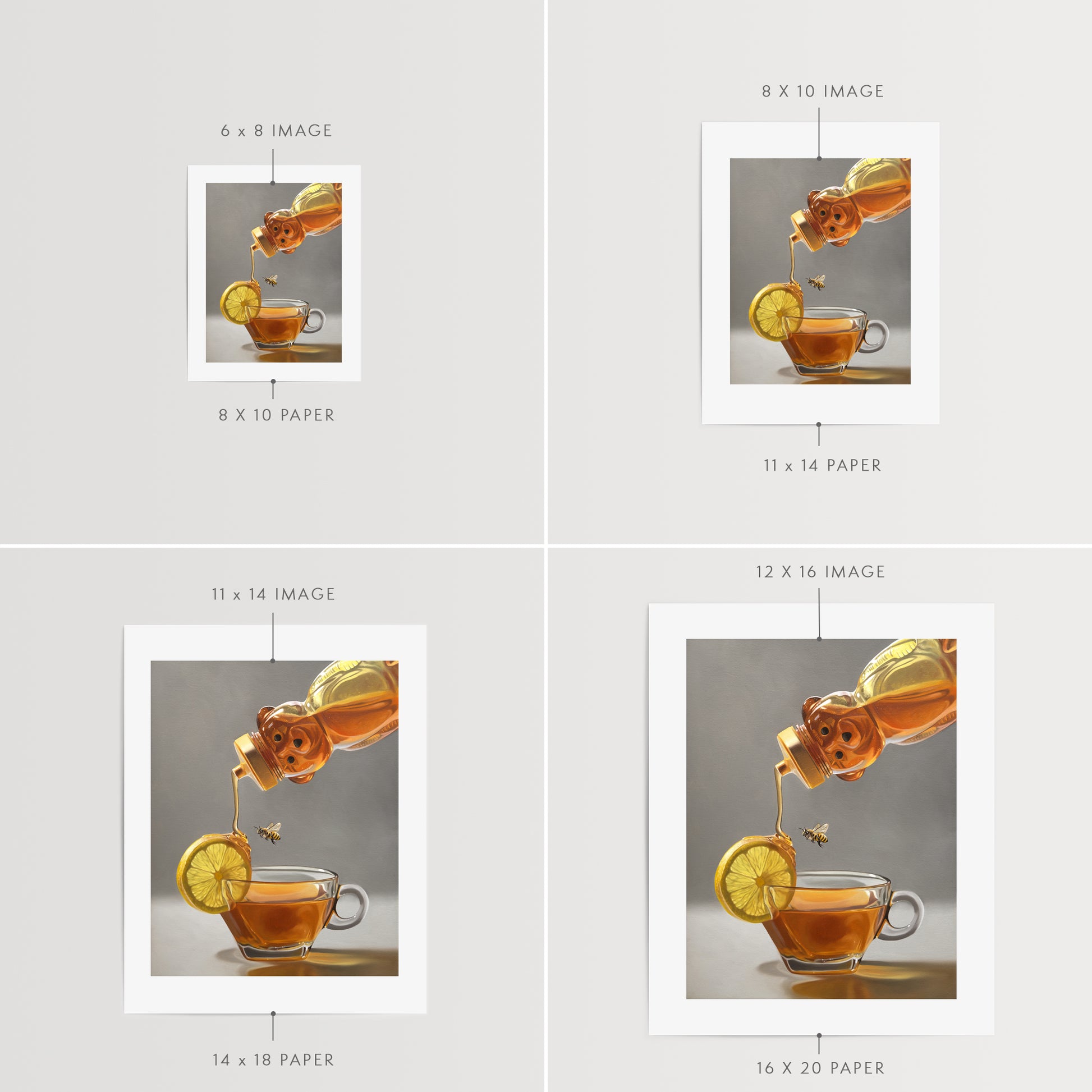 This artwork features a honey bee observing a backlit tipped honey bear bottle drizzling golden honey down onto a lemon slice that rests on the lip of a glass cup of tea.