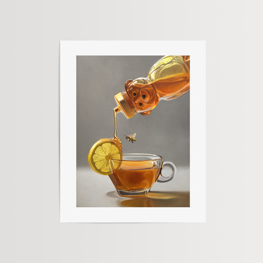 This artwork features a honey bee observing a backlit tipped honey bear bottle drizzling golden honey down onto a lemon slice that rests on the lip of a glass cup of tea.
