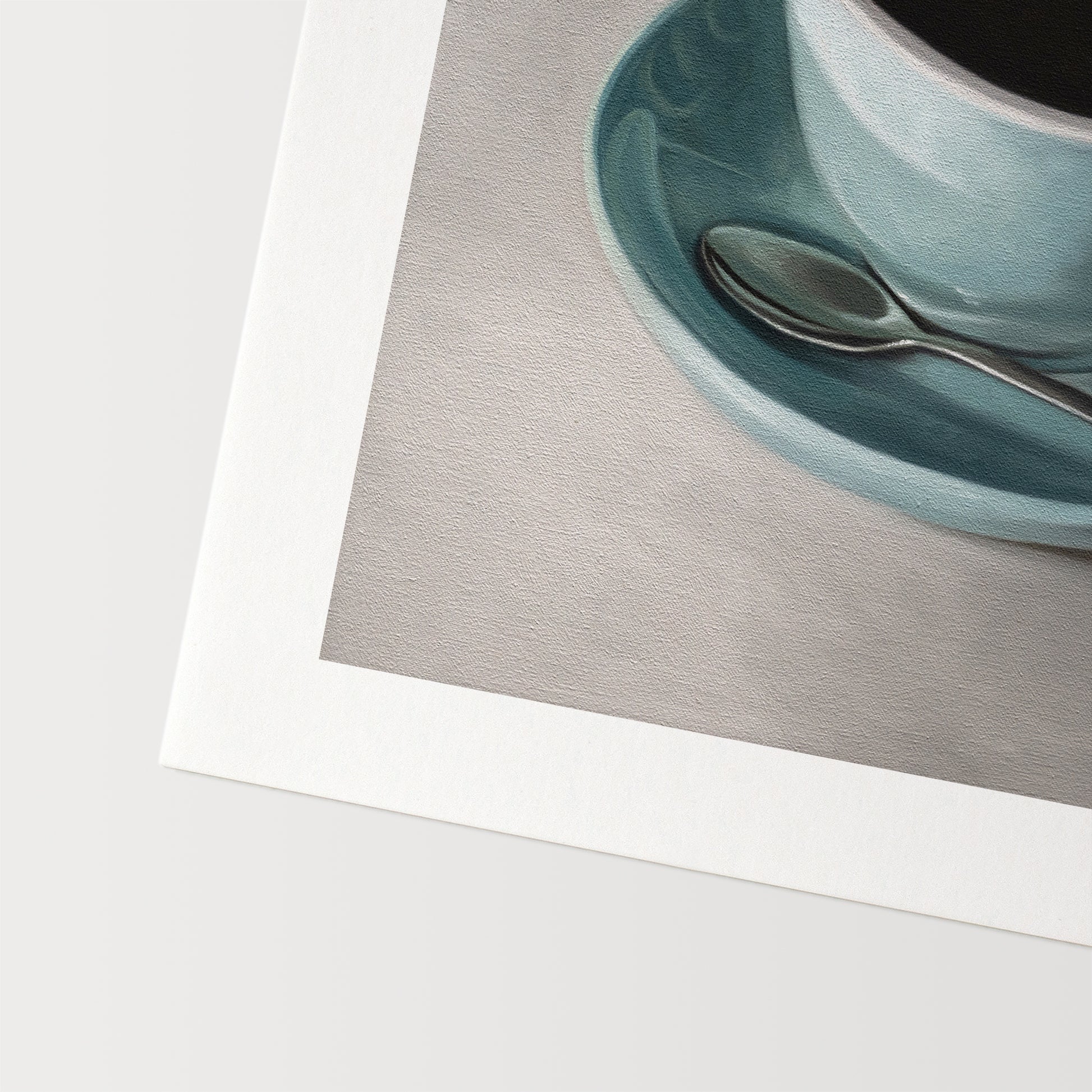 This artwork features a light blue cup of coffee resting on a saucer with a spoon..