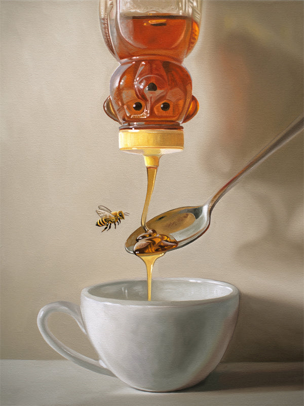 This artwork features a classic honey bear bottle turned upside down whilst golden honey spills into a spoon and cup of tea below.