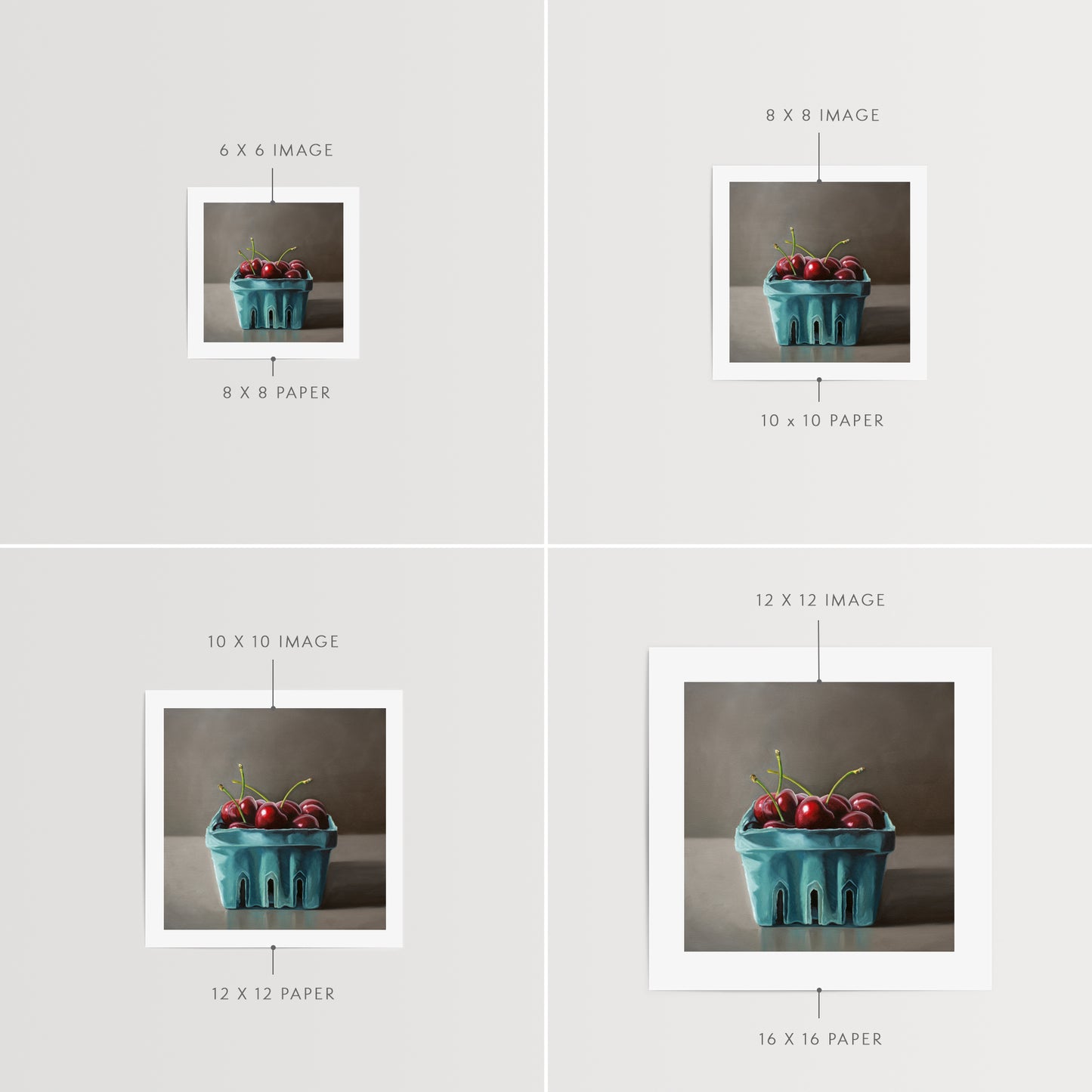 This artwork features a turquoise blue basket of fresh red cherries.