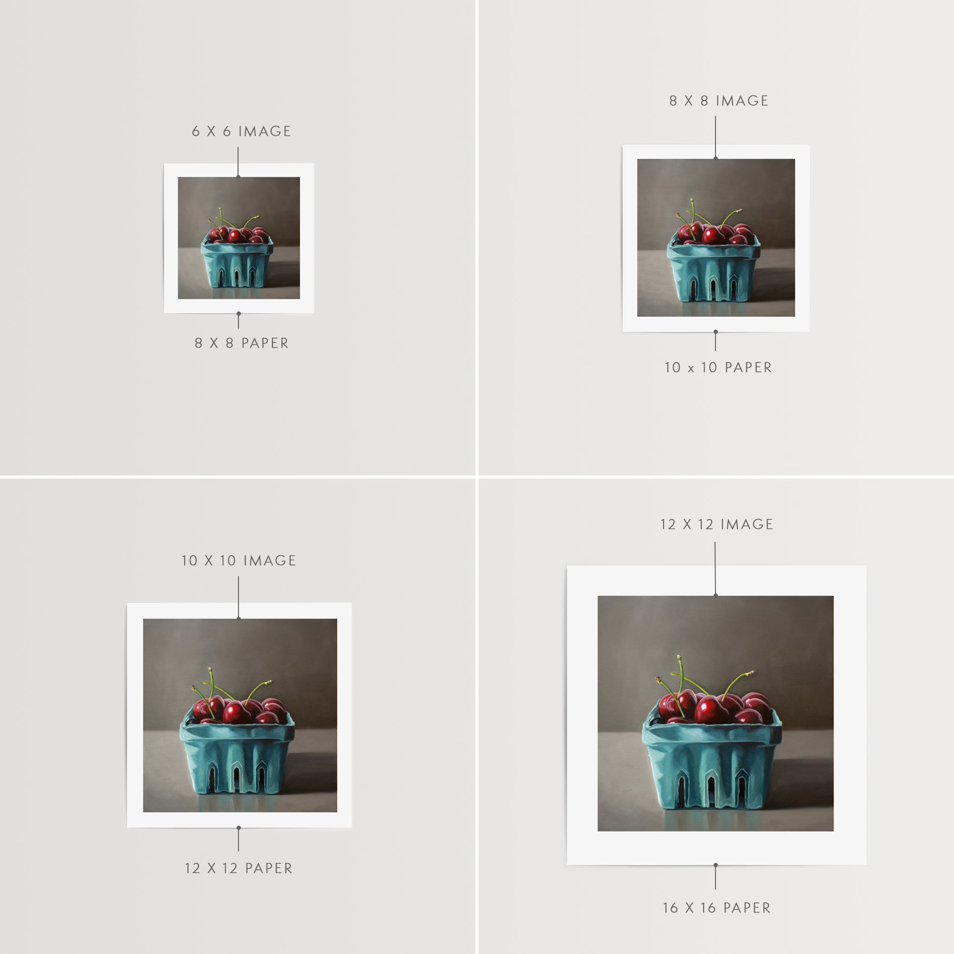This artwork features a turquoise blue basket of fresh red cherries.