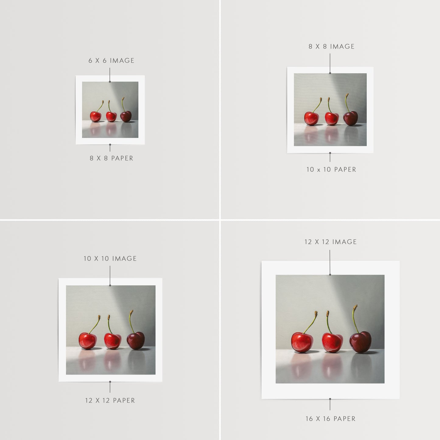 This painting features a trio of cherries in varied lighting on a reflective surface.
