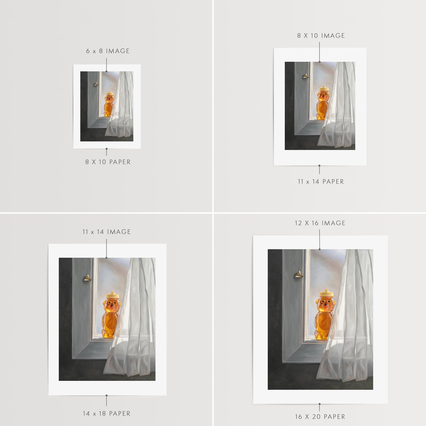 This artwork features a curious bee inspecting a bottle of honey resting in an open window.