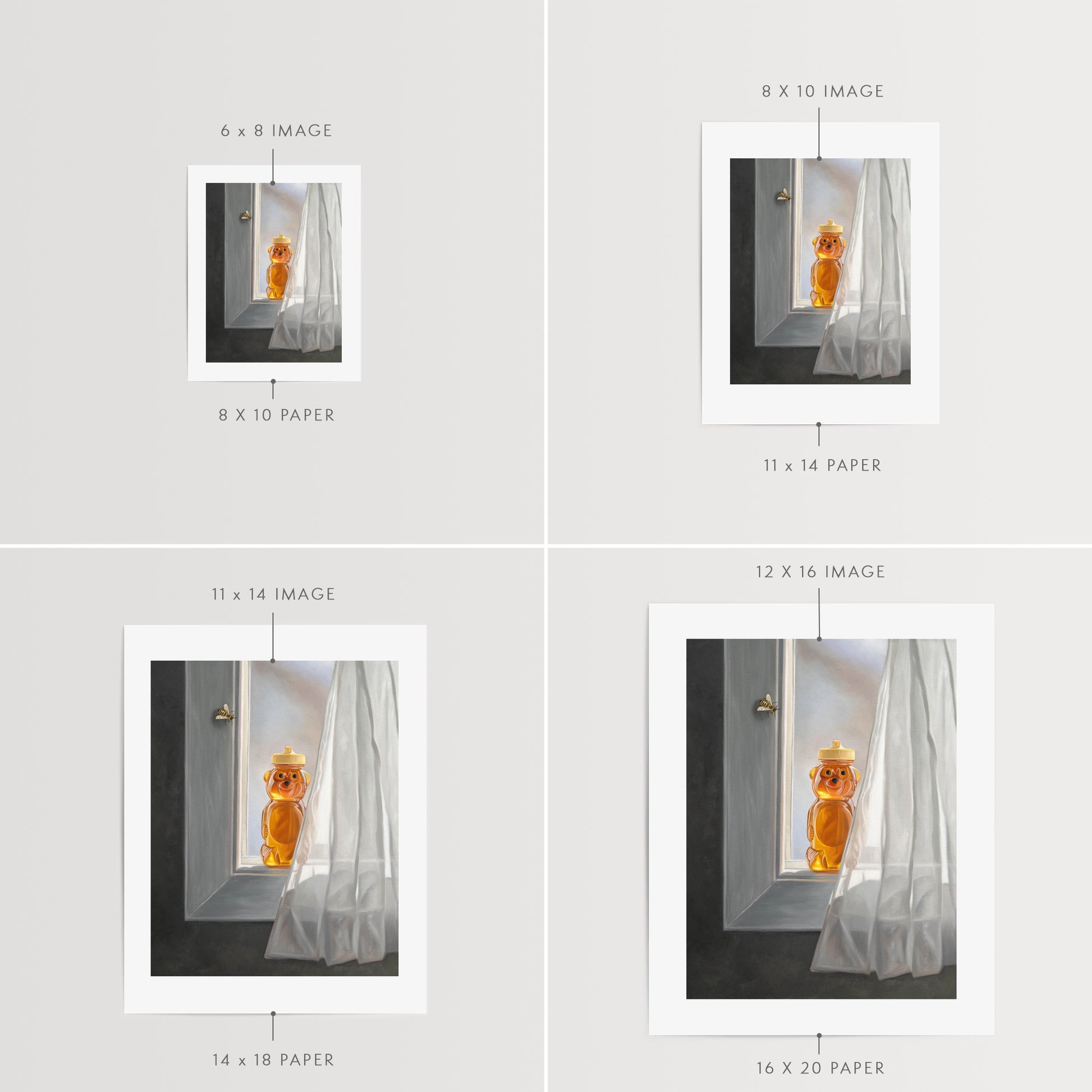 This artwork features a curious bee inspecting a bottle of honey resting in an open window.
