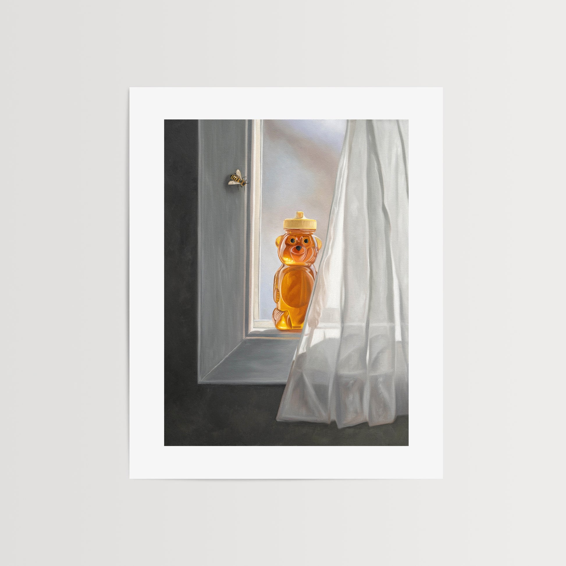 This artwork features a curious bee inspecting a bottle of honey resting in an open window.