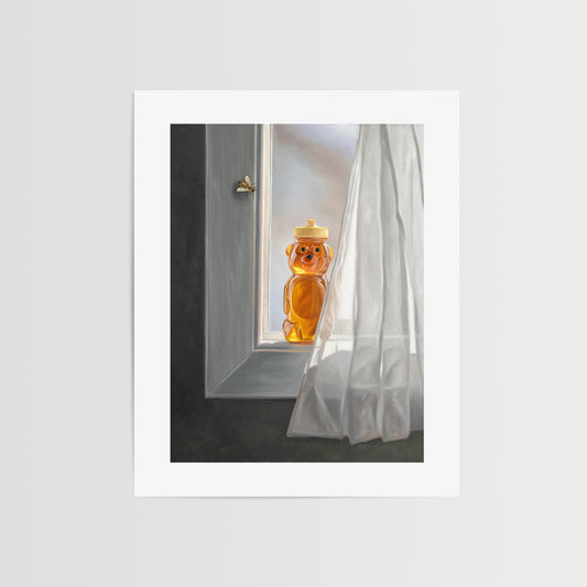 This artwork features a curious bee inspecting a bottle of honey resting in an open window.