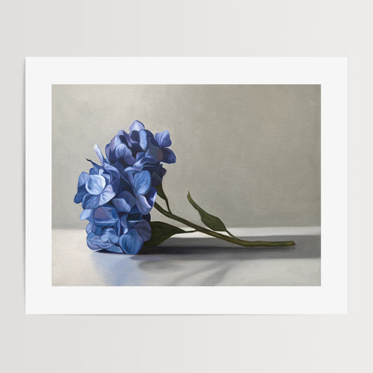 This artwork features a bouquet of blue hydrangeas resting on a light surface with a neutral background.