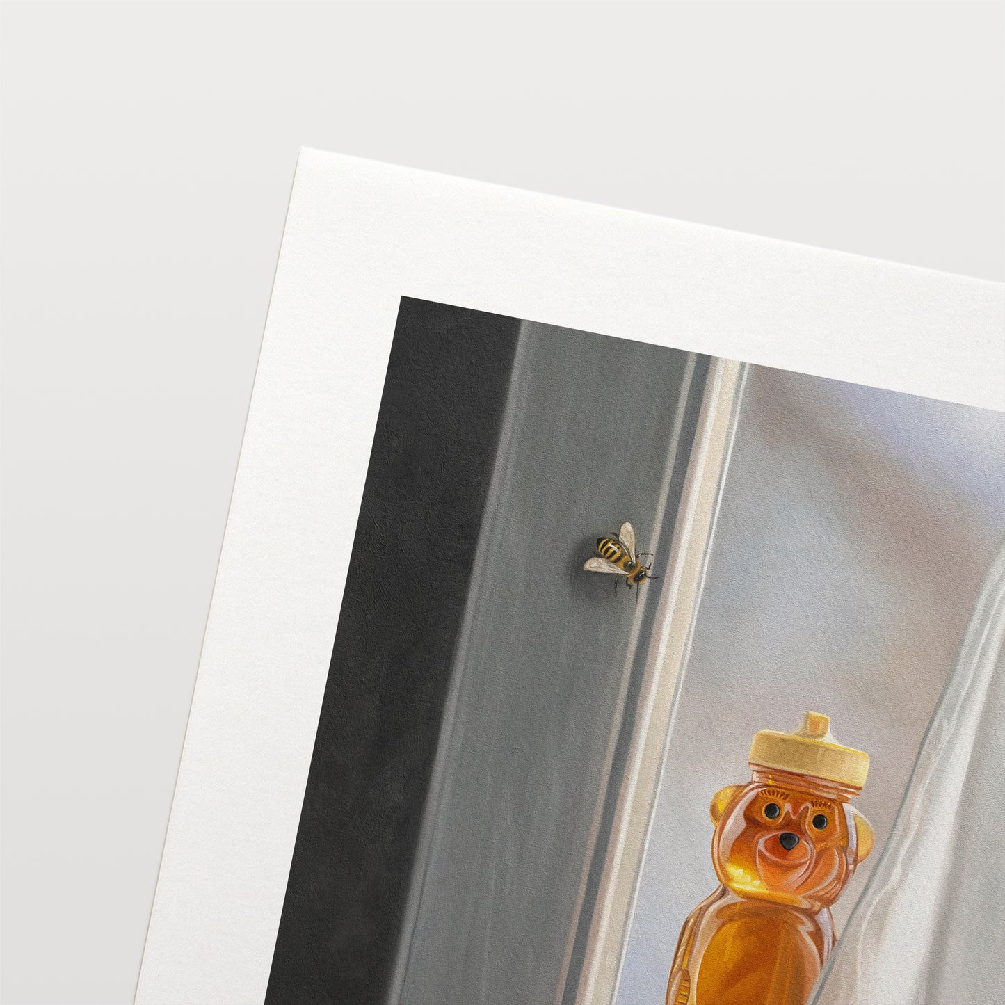This artwork features a curious bee inspecting a bottle of honey resting in an open window.