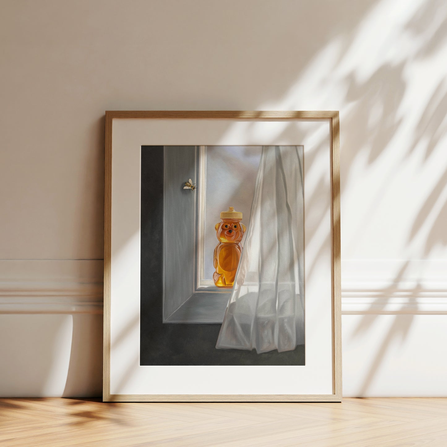 This artwork features a curious bee inspecting a bottle of honey resting in an open window.