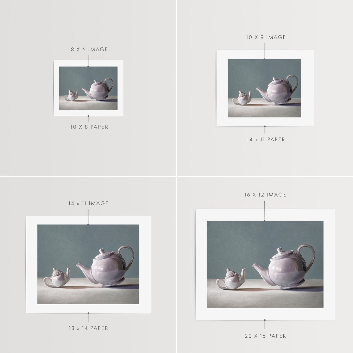 This artwork features teapot curiously inspecting its little bitty counterpart.