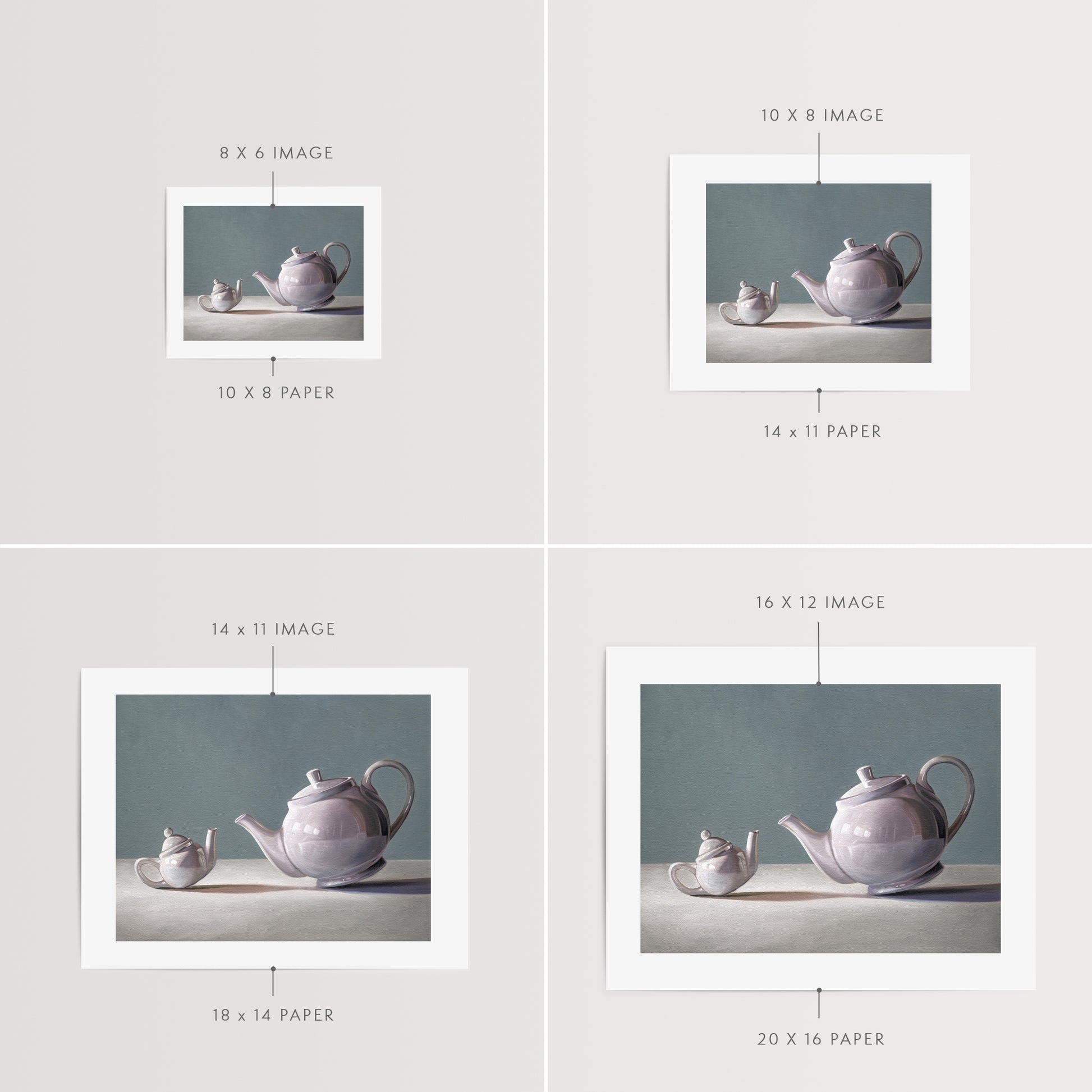 This artwork features teapot curiously inspecting its little bitty counterpart.